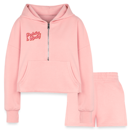 Trendy Women's Cropped Hoodie & High-Waisted Jogger Shorts Set - Sustainable Athleisure for Comfort & Style! - light pink