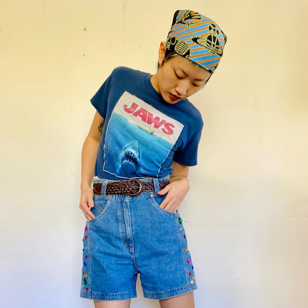 Vintage 80s denim high waist shorts with bedazzling hem stones