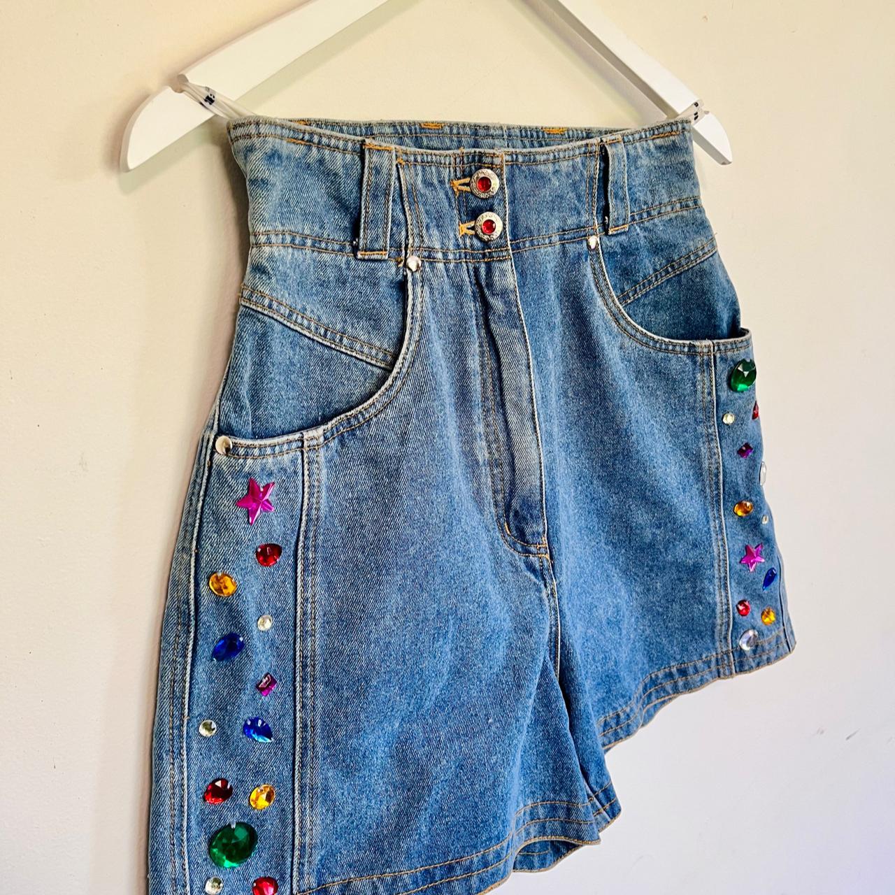 Vintage 80s denim high waist shorts with bedazzling hem stones