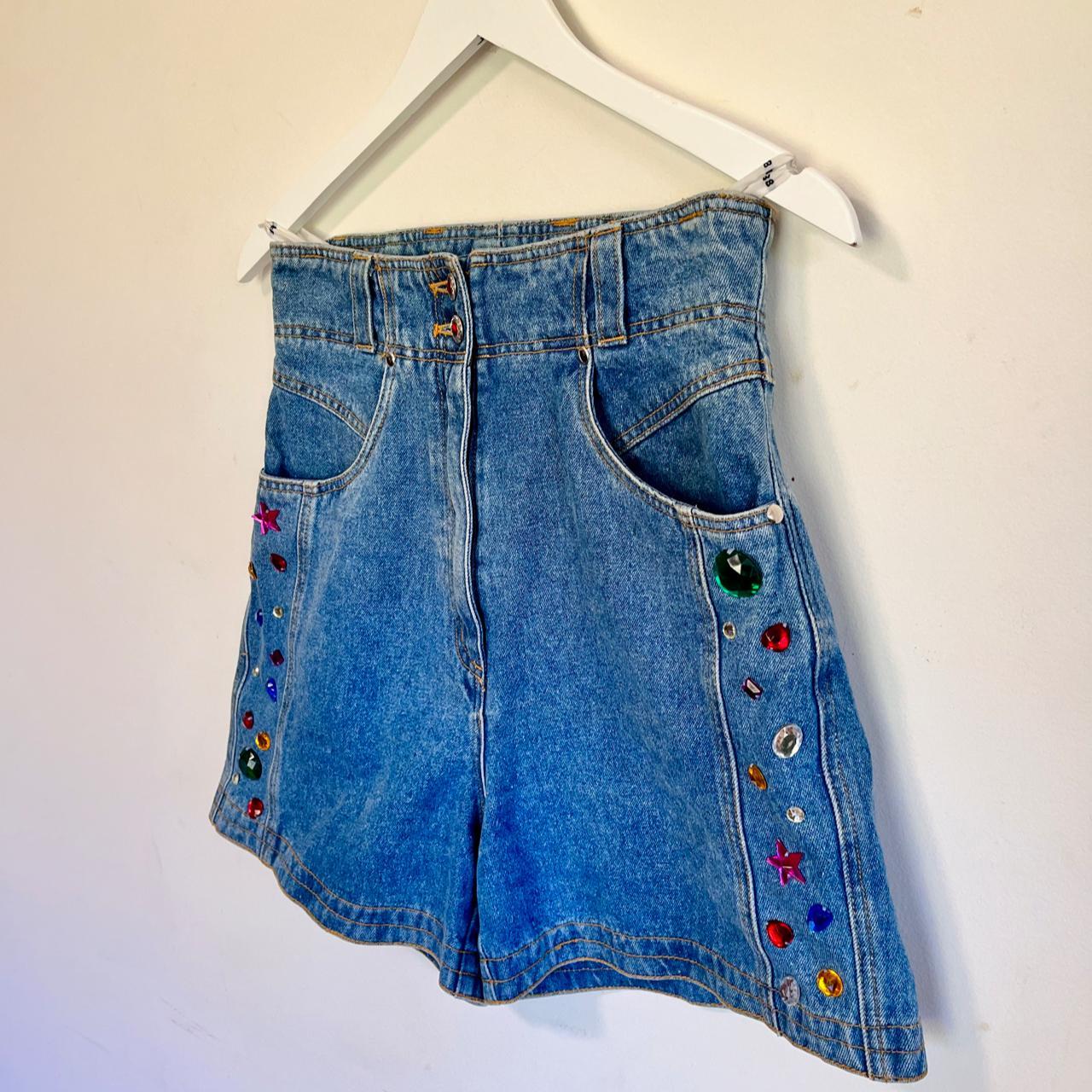 Vintage 80s denim high waist shorts with bedazzling hem stones