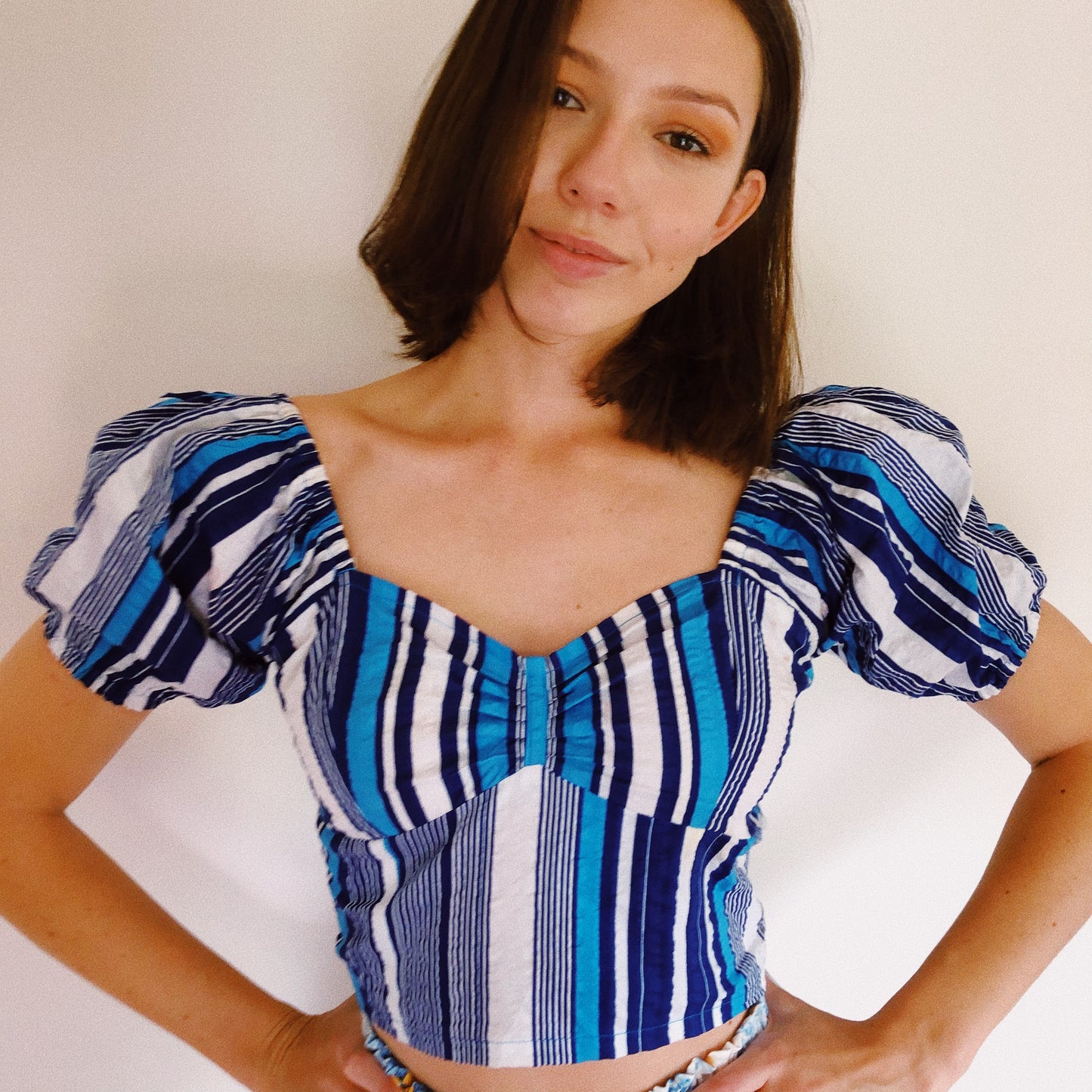 Such A Betty Handmade Puff Sleeve Crop Top Blue Vertical Stripes