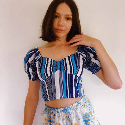 Such A Betty Handmade Puff Sleeve Crop Top Blue Vertical Stripes